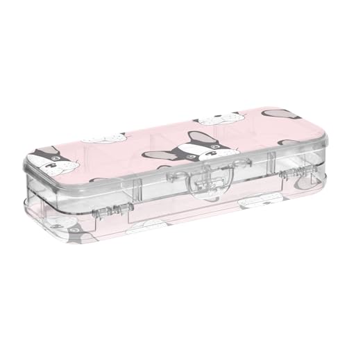ISAOA Federmäppchen Französische Bulldogge, rosa Stiftebox mit Schnappdeckel, doppelstöckiges transparentes Schreibwaren-Federmäppchen mit 4 Linealen, zur Unterteilung von Stiften, Organizer für von ISAOA