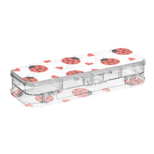ISAOA Federmäppchen Marienkäfer mit roten Herzen, Stiftebox mit Schnappdeckel, doppelstöckiges transparentes Schreibwaren-Federmäppchen mit 4 Linealen, Trennung, Stift-Aufbewahrung, Organizer für von ISAOA