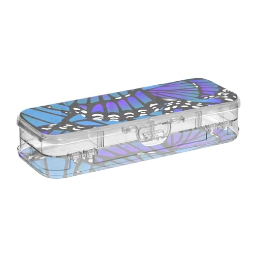 ISAOA Federmäppchen Schmetterling in blauer Stiftebox mit Schnappdeckel, doppelstöckiges transparentes Schreibwaren-Federmäppchen mit 4 Linealen, zur Unterteilung von Stiften, Organizer für Schule von ISAOA