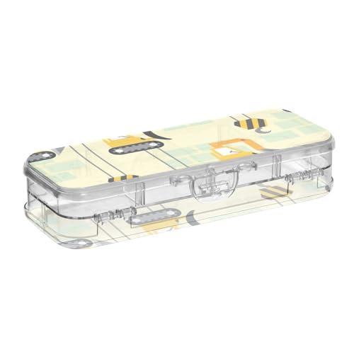 ISAOA Federmäppchen für Kinder, Bagger, Kräne, Bleistifte, Box mit Schnappdeckel, doppelstöckiges transparentes Schreibwaren-Federmäppchen mit 4 Linealen, Fächer, Stiftaufbewahrung, Organizer für von ISAOA