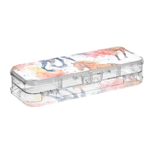 ISAOA Federmäppchen mit Aquarell-Pferde-Muster, Stiftebox mit Schnappdeckel, doppellagig, transparent, Schreibwaren-Federmäppchen mit 4 Linealen, zur Unterteilung von Stiften, Organizer für Schule von ISAOA