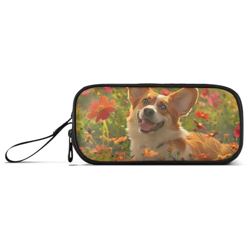 ISAOA Federmäppchen mit Aufschrift "Happy Corgi in A Field of Flower", großes Fassungsvermögen, 3 Fächer, Federmäppchen, tragbar, große Aufbewahrung, Stiftebox für Teenager, Jungen, Mädchen von ISAOA