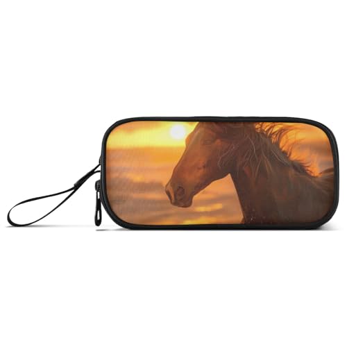 ISAOA Federmäppchen mit Pferdemotiv und Sonne, großes Fassungsvermögen, 3 Fächer, tragbar, große Aufbewahrung, Federmäppchen für Teenager, Jungen, Mädchen, Erwachsene, Studenten, Pferd und Sonne von ISAOA