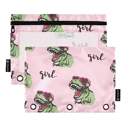 ISAOA Federmäppchen mit Reißverschluss, 3 Ringe, Dinosaurier, T-Rex in Rosa, Sonnenbrille, Federmäppchen, Kosmetiktasche, 2 Stück, wasserdicht, #3, one sizex2, Make-up-Tasche von ISAOA