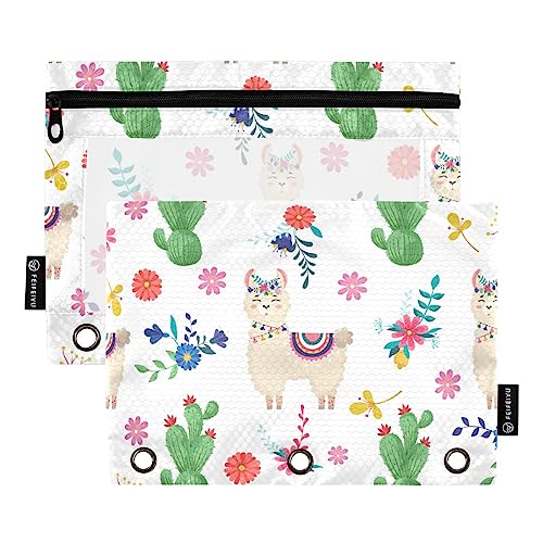 ISAOA Federmäppchen mit Reißverschluss, 3 Ringe, Lama, Kaktus und Gänseblümchen, Kosmetiktasche, 2 Stück, wasserdicht, #1, one sizex2, Make-up-Tasche von ISAOA