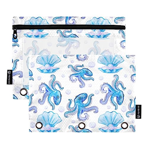 ISAOA Federmäppchen mit Reißverschluss, 3 Ringe, blaue Oktopus-Perlen, Federmäppchen, Kosmetiktasche, 2 Stück, wasserdicht, #7, one sizex2, Make-up-Tasche von ISAOA