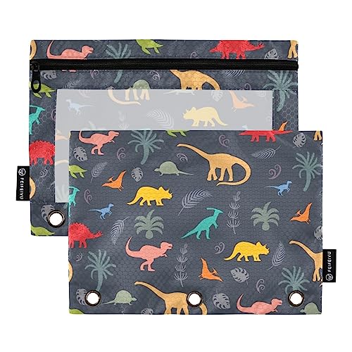 ISAOA Federmäppchen mit Reißverschluss, 3 Ringe, bunte Dinosaurier-Silhouetten, Federmäppchen, Kosmetiktasche, 2 Stück, wasserdicht, #3, one sizex2, Make-up-Tasche von ISAOA