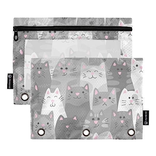 ISAOA Federmäppchen mit Reißverschluss, 3 Ringe, graue Katze, Federmäppchen, Kosmetiktasche, 2 Stück, wasserdicht, #2, one sizex2, Make-up-Tasche von ISAOA