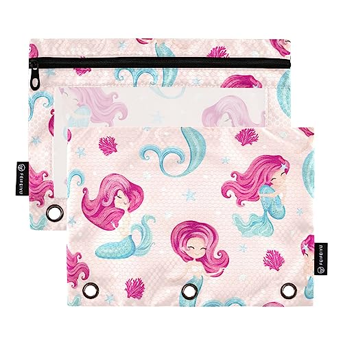 ISAOA Federmäppchen mit Reißverschluss, 3 Ringe, niedliche Meerjungfrau-Motiv, Rosa, Mädchen, Kosmetiktasche, 2 Stück, wasserdicht, #8, one sizex2, Make-up-Tasche von ISAOA