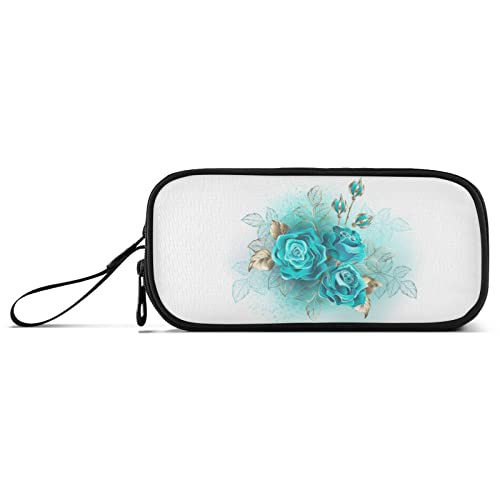 ISAOA Federmäppchen mit Rosenmotiv, türkisfarbene Rosen mit Blättern, Stifttasche, großes Fassungsvermögen, Make-up-Tasche für Frauen, Mädchen, Studenten, Mittelschule, Büro, rose, Einheitsgröße, von ISAOA