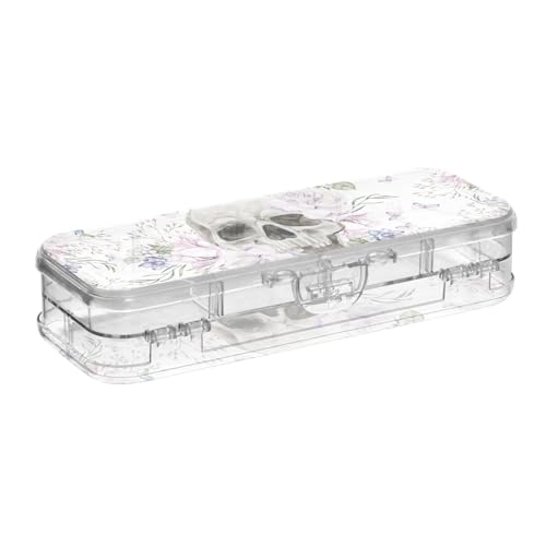 ISAOA Federmäppchen mit Totenkopf-Motiv, Retro-Bleistiftbox mit Schnappdeckel, doppelstöckig, transparent, Schreibwaren-Federmäppchen mit 4 Linealen, zur Unterteilung von Stiften, Organizer für Schule von ISAOA