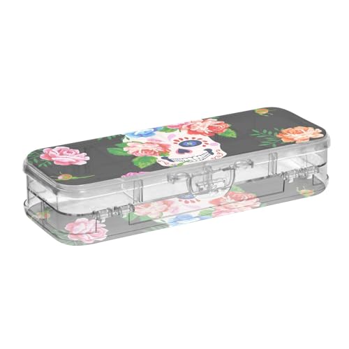 ISAOA Federmäppchen mit Totenkopf-Motiv, mit Schnappdeckel, doppelstöckiges transparentes Schreibwaren-Federmäppchen mit 4 Linealen, zur Unterteilung von Stiften, Organizer für Schule, Büro von ISAOA