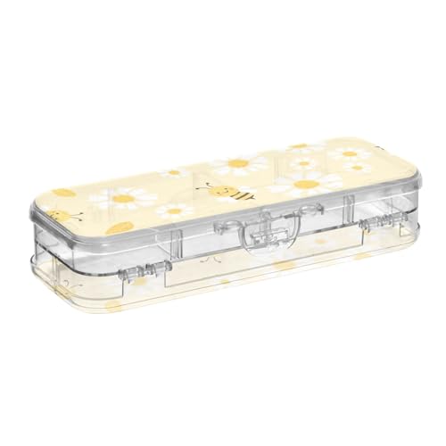 ISAOA Federmäppchen mit niedlichem Bienen-Gänseblümchen-Motiv, gelbe Bleistiftbox mit Schnappdeckel, doppelstöckiges transparentes Schreibwaren-Federmäppchen mit 4 Linealen, zur Unterteilung von von ISAOA