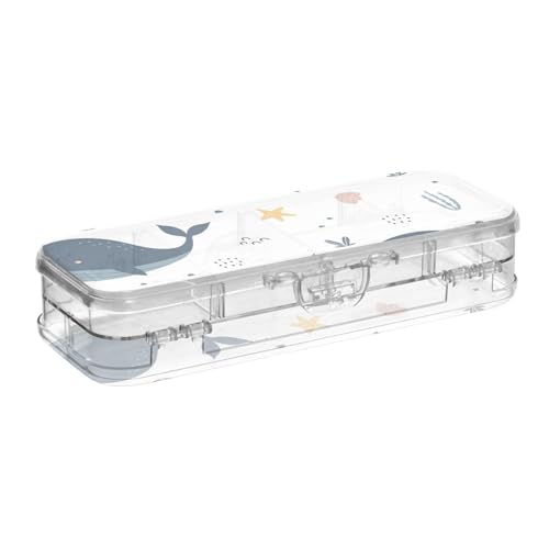 ISAOA Federmäppchen mit niedlichem Cartoon-Blauwal-Motiv und Korallen-Bleistift-Box mit Schnappdeckel, doppelstöckiges transparentes Schreibwaren-Federmäppchen mit 4 Linealen, zur Unterteilung von von ISAOA