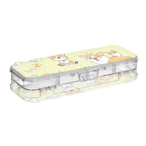 ISAOA Federmäppchen mit niedlichem Corgi-Hund, Palka, Punkte, gelbe Stiftebox mit Schnappdeckel, doppelstöckiges transparentes Schreibwaren-Federmäppchen mit 4 Linealen, zur Unterteilung von Stiften von ISAOA