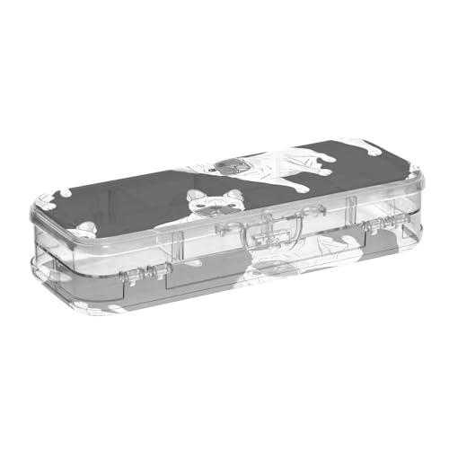 ISAOA Federmäppchen mit niedlicher Bulldogge, schwarz, mit Schnappdeckel, doppelstöckiges transparentes Schreibwaren-Federmäppchen mit 4 Linealen, zur Unterteilung von Stiften, Organizer für Schule von ISAOA