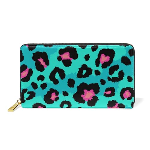 ISAOA Geldbörse aus Leder, Leopardenmuster, multifunktional, Reißverschluss, Clutch, großes Fassungsvermögen, 19 cm, Aqua-Grün / Rosa, #01, Einheitsgröße, modisch von ISAOA