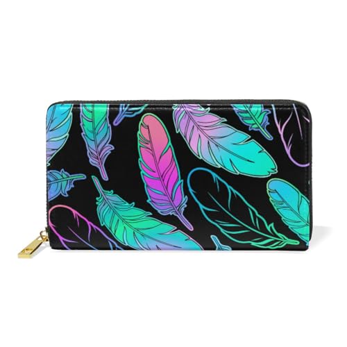 ISAOA Geldbörse mit Regenbogen-Federn, Boho-Stil, Leder, multifunktional, mit Reißverschluss, Clutch, großes Fassungsvermögen, Kartenhalter, 19 cm, #01, Einheitsgröße, modisch von ISAOA