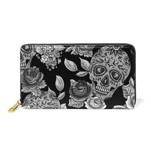 ISAOA Geldbörse mit Totenkopf und Blumen, einfarbig, Leder, multifunktional, Reißverschluss, Clutch, großes Fassungsvermögen, Kartenhalter, 19 cm, #01, Einheitsgröße, modisch von ISAOA