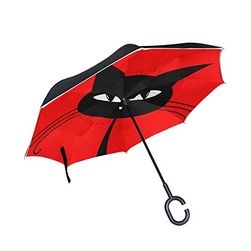ISAOA Gro?e Schirm Regenschirm Winddicht Doppelschichtige seitenverkehrt Faltbarer Regenschirm f¨¹r Auto Regen Au?eneinsatz,C-f?rmigem Henkel Regenschirm Katze mit rotem Hintergrund Regenschirm von ISAOA