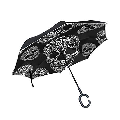ISAOA Gro?er umgekehrter faltbarer Regenschirm, doppellagig, winddicht, UV-Schutz, Regenschirm, f¨¹r den Au?enbereich, C-f?rmiger Griff, selbststehend, Ornament-Muster, Totenkopf-Regenschirm von ISAOA