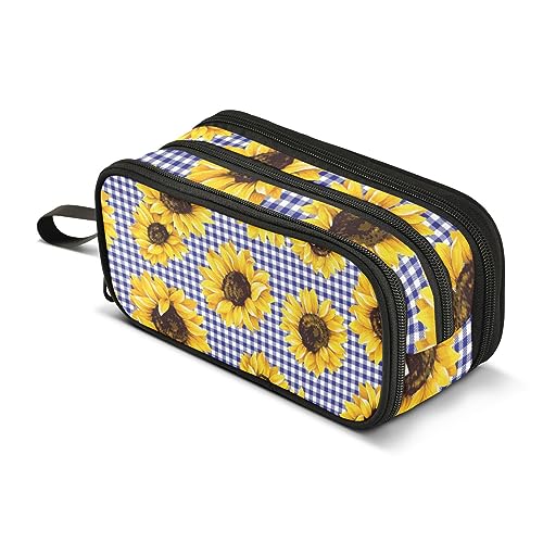 ISAOA Große Kapazität Federmäppchen Sonnenblume Blau Büffel Plaid Blume Floral Pouch Tasche Große Stifttasche Schreibwaren Tasche für Mädchen Jungen Erwachsene Studenten, #10, Einheitsgröße, von ISAOA