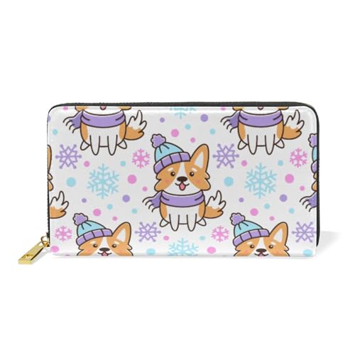 ISAOA Hunderasse Welsh Corgi mit Hut und Schal mit Schneeflocken auf weißem Hintergrund. Ledergeldbörse, multifunktionale Handtasche, Reißverschluss, Clutch, großes Fassungsvermögen, Kartenhalter, 19 von ISAOA