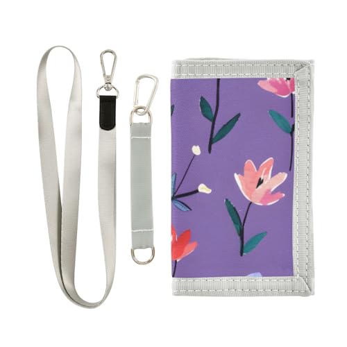 ISAOA Kinder-Geldbörse mit Blumenmuster und violettem Hintergrund, dreifach gefaltete Geldbörse mit Münzfach mit Reißverschluss und Kartenhaltern, Neuheit Geldbörse für Kindergeburtstage von ISAOA