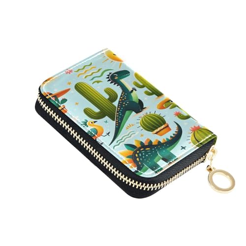 ISAOA Kreditkartenetui aus Leder, mit Reißverschluss, schlankes Organizer, Visitenkartenetui, Dinosaurier und Kaktus, für Damen und Herren, multi von ISAOA