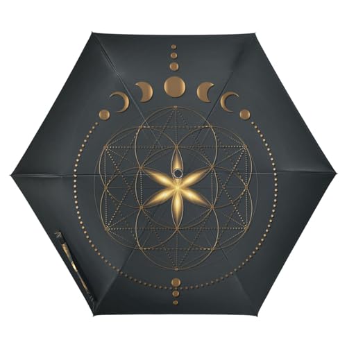 ISAOA Reise-Regenschirm, Motiv: mystische Blume des Lebens und Mondphasen, faltbarer Regenschirm, automatisches Öffnen, Schließen, tragbarer Regenschirm, starker Fiberglas-Rahmen, verstärkter von ISAOA