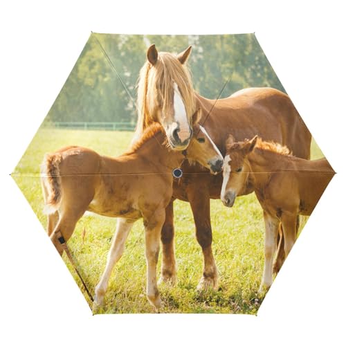 ISAOA Reise-Regenschirm, ein Pferd mit zwei Fohlen, faltbarer Regenschirm, automatisches Öffnen und Schließen, tragbarer Regenschirm, starker Fiberglas-Rahmen, verstärkter Baldachin, UV-Regenschirm, von ISAOA