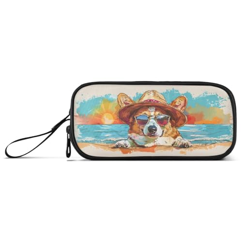 ISAOA Sonnenbrille Corgi Sunny Beach Scen Große Kapazität Federmäppchen 3 Fächer Federmäppchen Tragbare Große Aufbewahrung Bleistift Box Bleistift Tasche für Teenager Jungen Mädchen Erwachsene von ISAOA