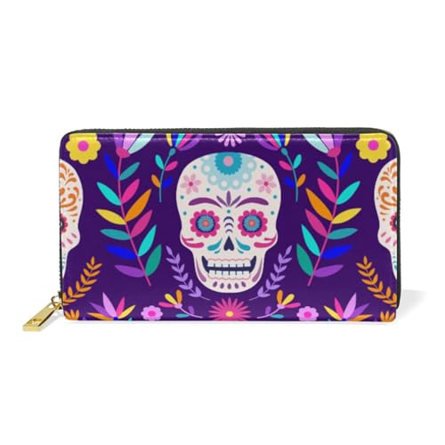 ISAOA Sugar Skull Geldbörse aus Leder, mit Blumenmuster, multifunktional, mit Reißverschluss, Clutch, großes Fassungsvermögen, Kartenhalter, 19 cm, #01, Einheitsgröße, modisch von ISAOA