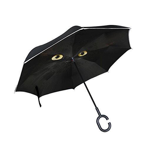 ISAOA umgekehrter Regenschirm mit Reflektorstreifen au?en und Motiv innen, winddicht, selbststehend, mit C-f?rmigem Griff, schwarz, perfekt f¨¹r Reisen und Auto von ISAOA