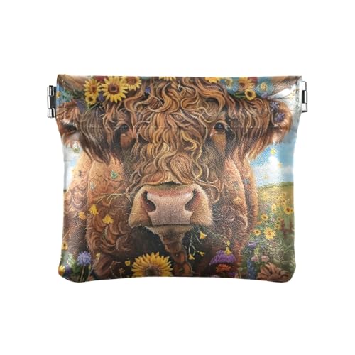 Kranz trägt Highland Cow Squeeze Münzgeldbeutel Kleingeldhalter PU Leder Mini Geldbörse Münzfach für Damen Mädchen Herren von ISAOA