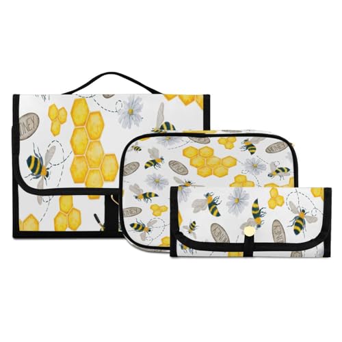 Kulturbeutel-Set zum Aufhängen, mit Haken, Kämme, Bienen, Blumen, Reise-Make-up-Koffer, tragbarer Kulturbeutel, Kosmetikpinsel-Organizer für Damen und Mädchen, 3-teilig, #02, 3-teiliges Set, von ISAOA