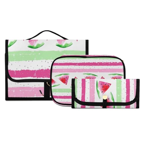 Kulturbeutel-Set zum Aufhängen, mit Haken, Wasserfarben, gestreift, Wassermelone, Reise-Make-up-Kit, tragbarer Kulturbeutel, Kosmetikpinsel-Organizer für Damen und Mädchen, 3-teilig, #14, 3-teiliges von ISAOA