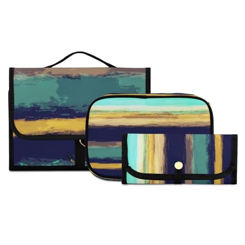 Kulturbeutel-Set zum Aufhängen, mit Haken, blau-grün-orangefarbene Streifen, Aquarell-Reise-Make-up-Kit, tragbarer Kulturbeutel, Kosmetikpinsel-Organizer für Damen und Mädchen, 3-teilig, #01, von ISAOA