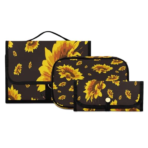 Kulturbeutel-Set zum Aufhängen, mit Haken, goldgelbe Sonnenblumen auf einem schwarzen Reise-Make-up-Koffer, tragbarer Kulturbeutel, Kosmetikpinsel-Organizer für Damen und Mädchen, 3-teilig, #03, von ISAOA