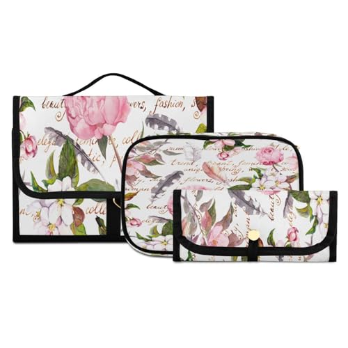 Kulturbeutel-Set zum Aufhängen, mit Haken, romantische rosa Rose, Blumen, Reise-Make-up-Koffer, tragbarer Kulturbeutel, Kosmetikpinsel-Organizer für Damen und Mädchen, 3-teilig, #01, 3-teiliges Set, von ISAOA