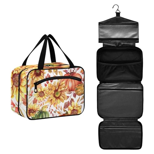 Kulturbeutel zum Aufhängen, große Kapazität, Kulturbeutel für Damen und Herren, tragbare Kosmetiktasche (Sonnenblumen, Kürbisse, Retro-Herbstblätter), Make-up-Organizer-Tasche, #1, M, Beauty Case von ISAOA