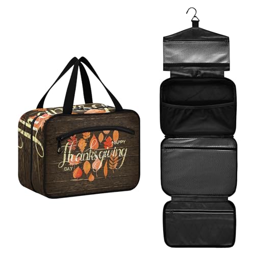 Kulturbeutel zum Aufhängen, große Kapazität, Kulturbeutel für Damen und Herren, tragbare Kosmetiktasche (Thanksgiving Herbst Baum Blätter auf Holz) Make-up Organizer Tasche, #5, M, Beauty Case von ISAOA