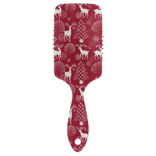 Massage-Haarbürste für Männer, Frauen und Kinder, Weihnachts-Hirsch, Neujahr, roter festlicher Hintergrund, Nachtwald mit Hirschbaum, Winterhaarbürste für langes, dickes, lockiges, gewelltes, von ISAOA