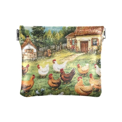 Münzgeldbörse mit Hühnerwiese, Blumenhaus, Kleingeldfach, PU-Leder, Mini-Geldbörse, Münzfach für Damen, Mädchen, Herren von ISAOA