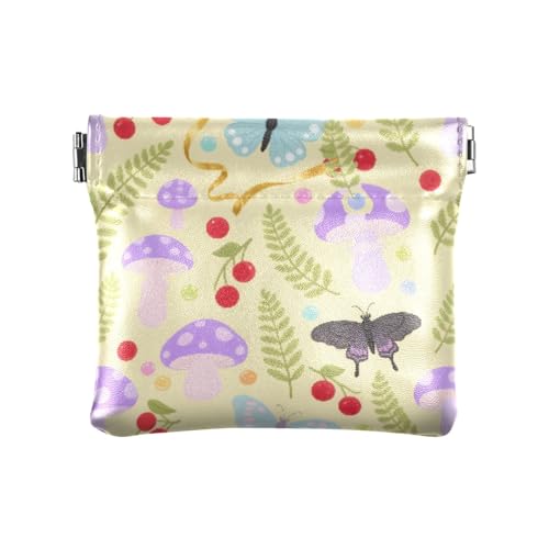 Münzgeldbörse mit Pilz- und Schmetterlings-Motiv, gelber Hintergrund, Kleingeldfach, PU-Leder, Mini-Geldbörse, Münzfach für Damen, Mädchen, Herren von ISAOA