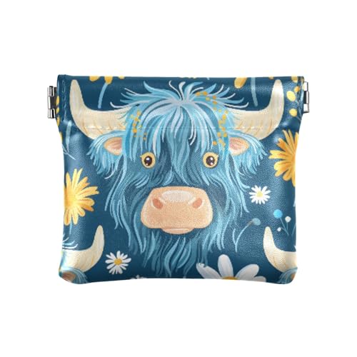 Münzgeldbörse mit Rinderkopf und Kamillenblumen, Kleingeldfach, PU-Leder, Mini-Geldbörse, Münzfach für Damen, Mädchen, Herren von ISAOA