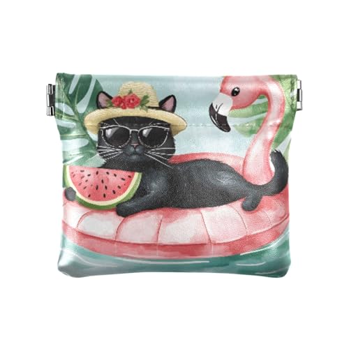 Schwarze Katze mit Sonnenbrille, Palmblatt-Quetsch-Münzgeldbörse, Kleingeld-Halter, PU-Leder, Mini-Geldbörse, Münzfach für Damen, Mädchen, Herren von ISAOA