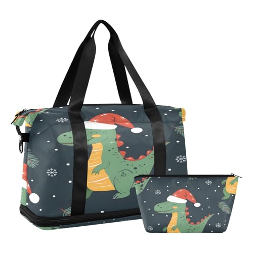 Sporttasche, Reisetasche, Reisetasche, Wochenendtasche, Übernachtungstasche, mit Nassfach, Schuhfach und Kulturbeutel, Dinosaurier, mit Weihnachtsmütze für Damen und Herren, multi von ISAOA