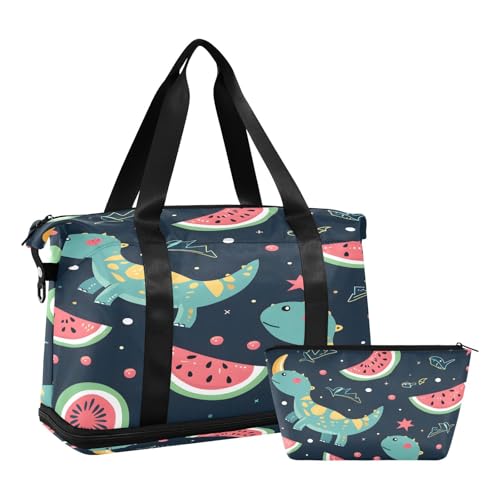 Sporttasche, Reisetasche, Reisetasche, Wochenendtasche, Übernachtungstasche, mit Nassfach, Schuhfach und Kulturbeutel, Dinosaurier-Wassermelone, für Damen und Herren, multi von ISAOA
