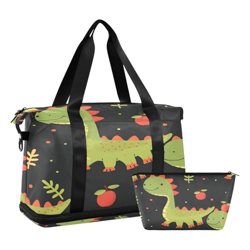 Sporttasche, Reisetasche, Reisetasche, Wochenendtasche, Übernachtungstasche, mit Nassfach, Schuhfach und Kulturbeutel, Dinosaurier mit Apfel, für Damen und Herren, multi von ISAOA